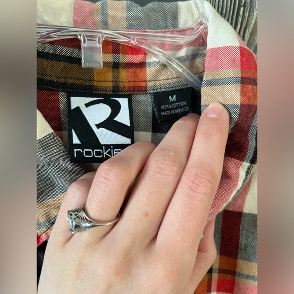 Rockies size medium red orange tan and black plaid button down western shirt - Picture 4 of 6
